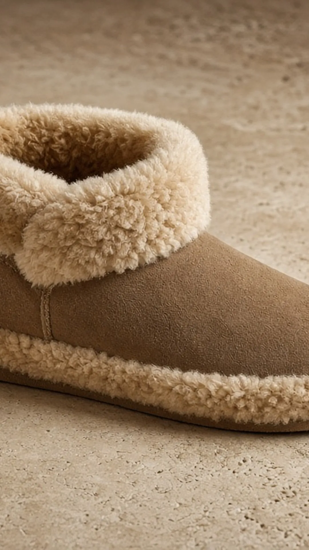 Sheepskin bootie on stone floor, fold-down cuff