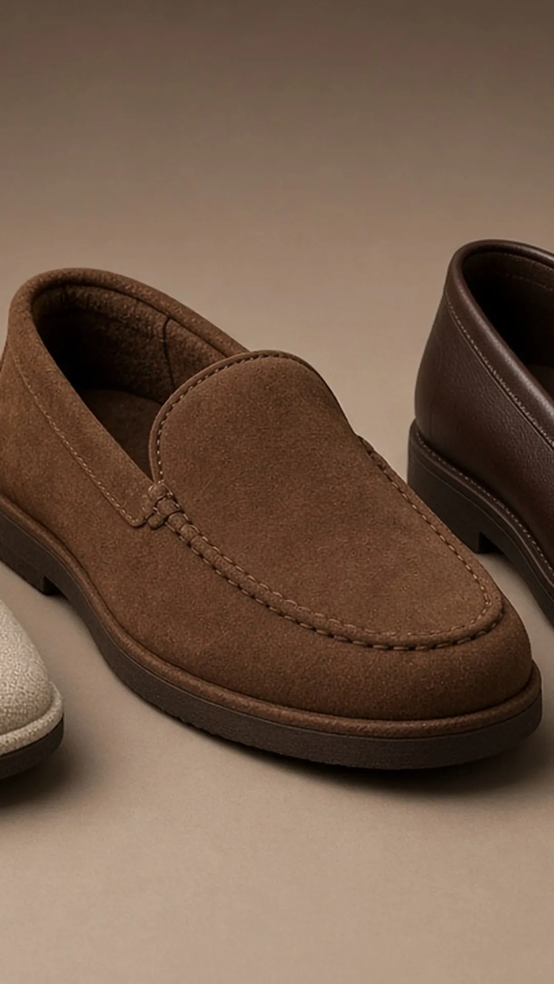 Three slippers by construction, plain backdrop