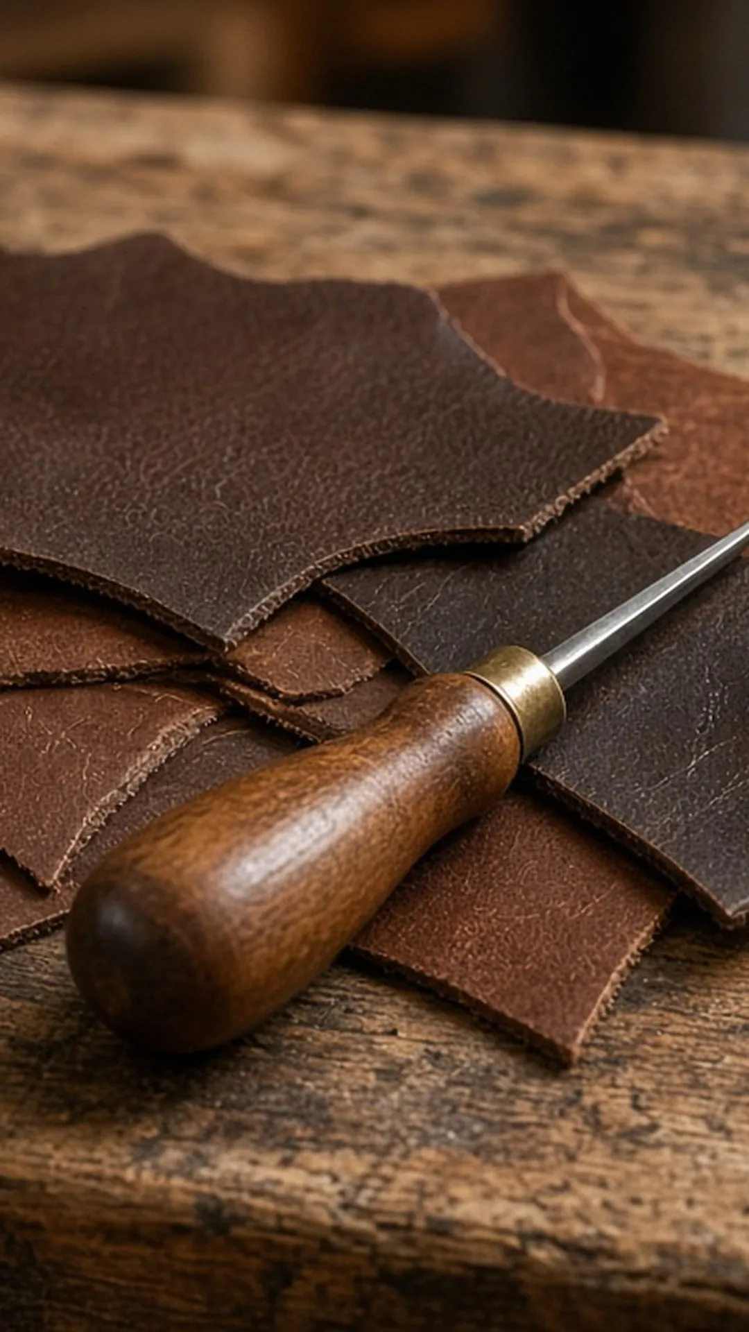 Leather offcuts, awl, and thread on a workbench