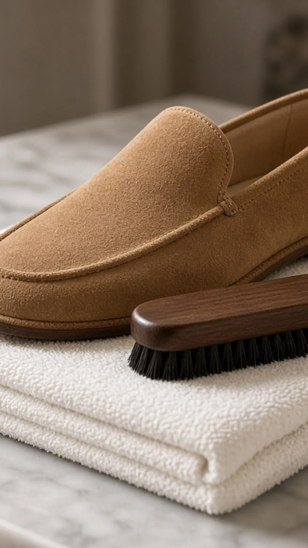Suede brush and slipper on a towel