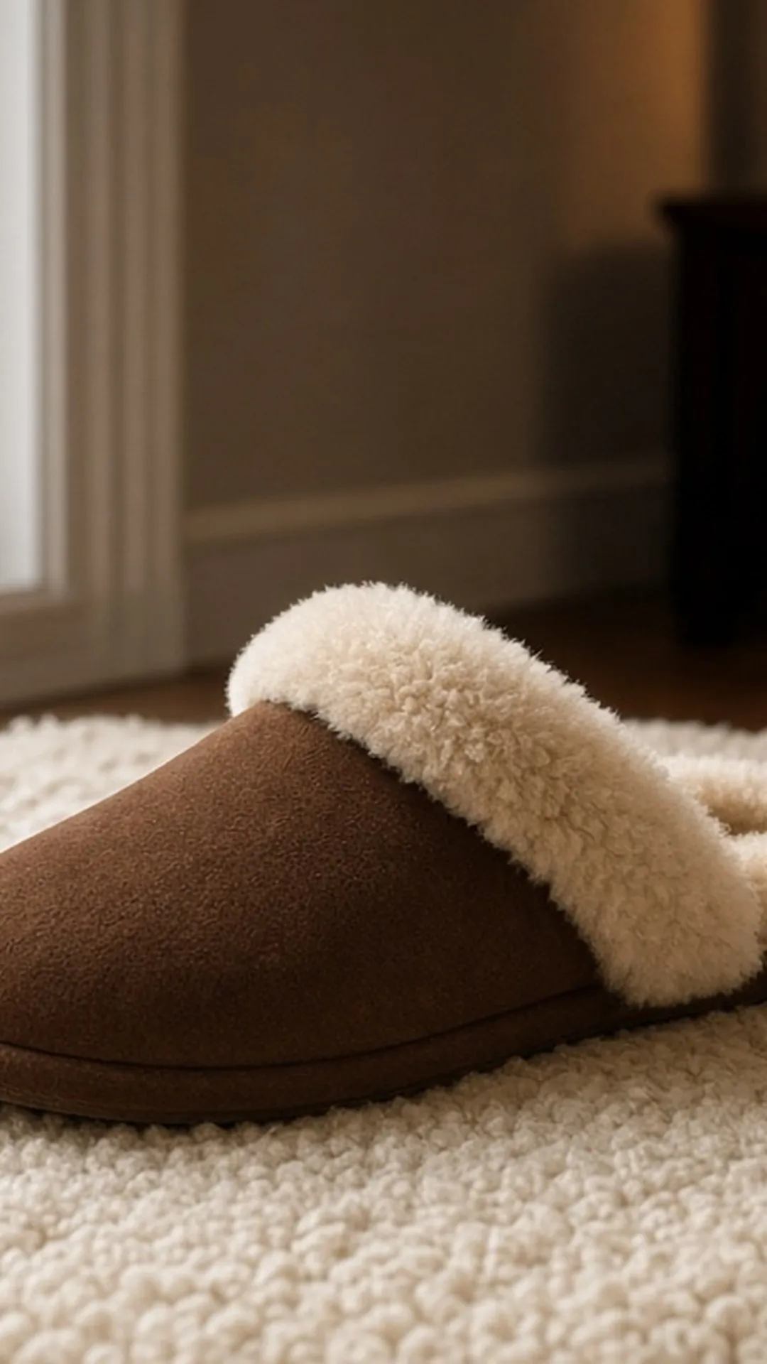 Split: sheepskin by a window with snow / linen slide by sunlit terrace door