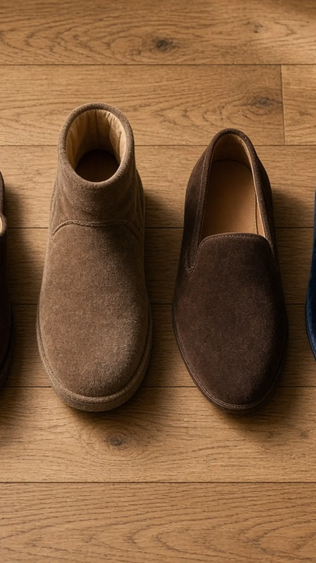 Six unbranded slippers in a row on oak floor, top view