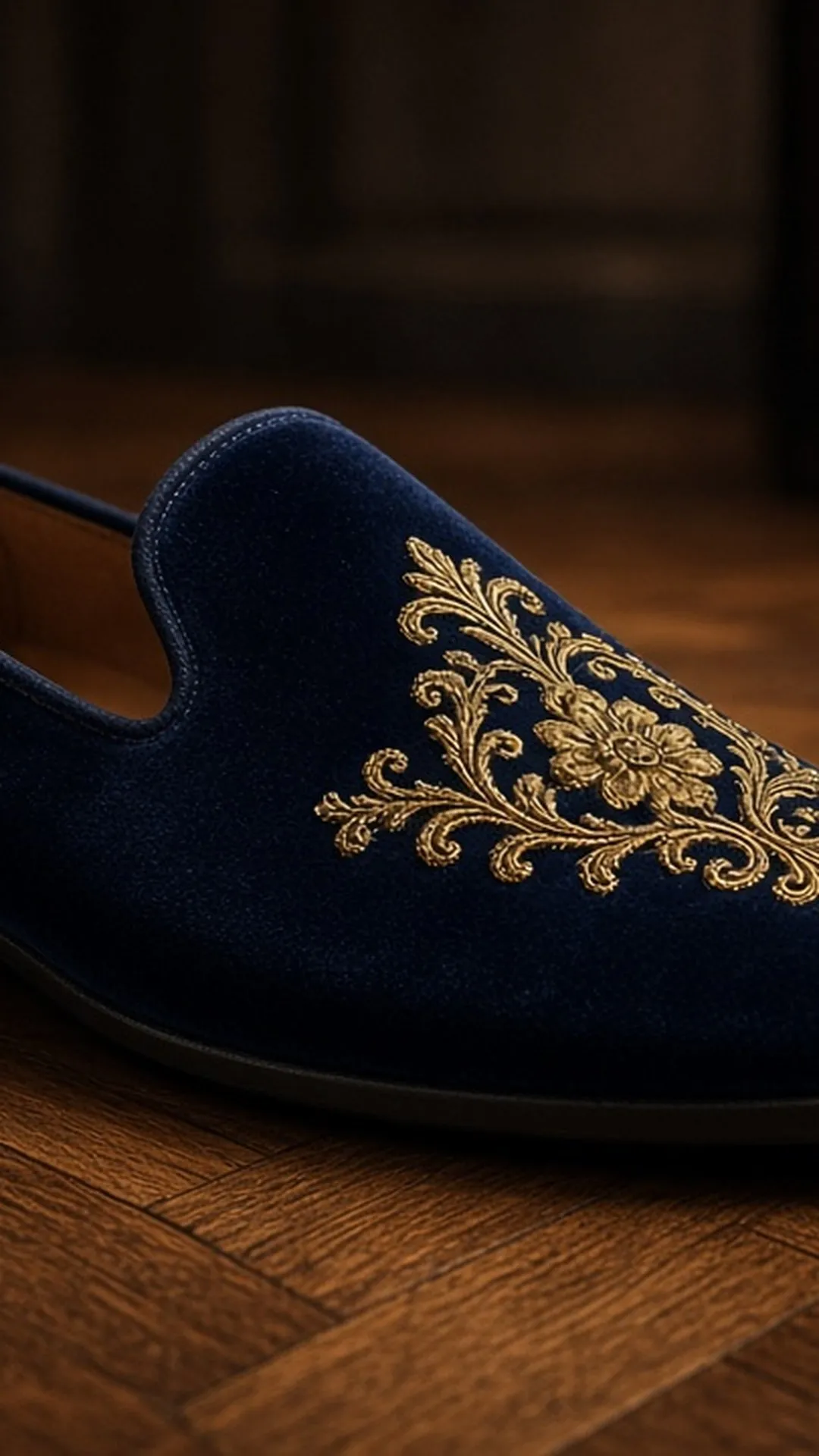 Navy velvet slipper with embroidered toe on a parquet floor