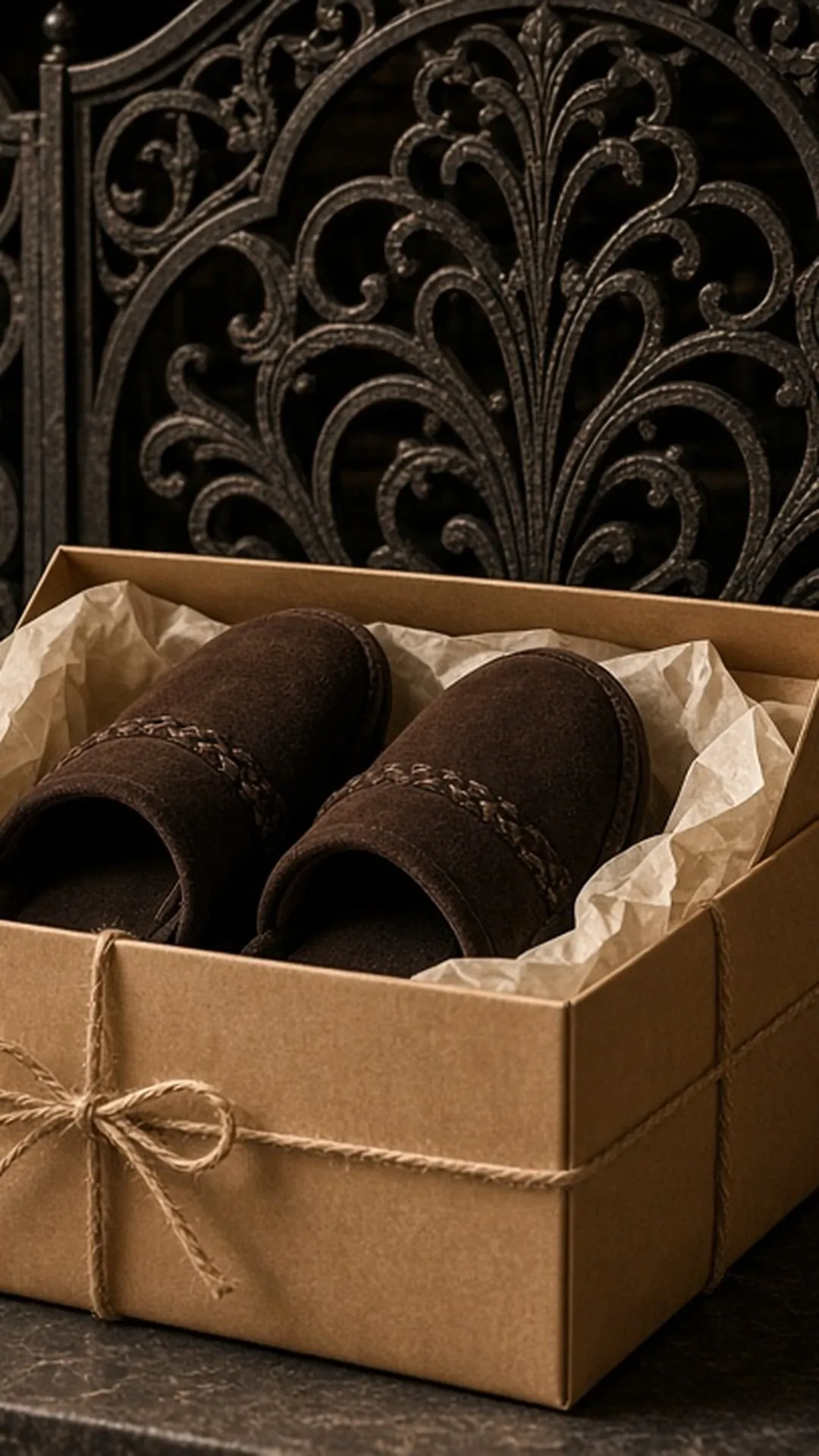Wrapped gift by fireplace screen (no open flame)