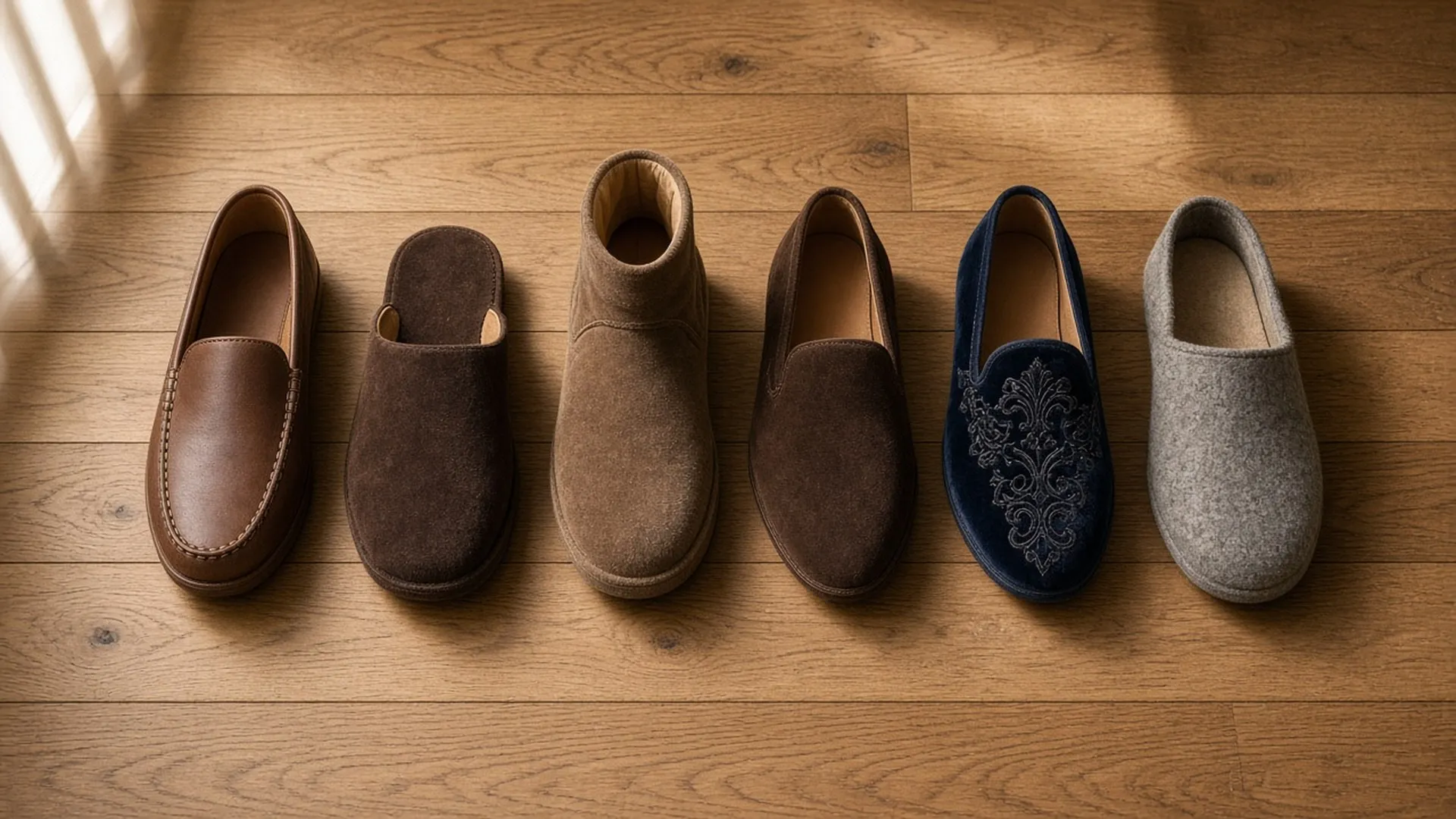 Six unbranded slippers in a row on oak floor, top view