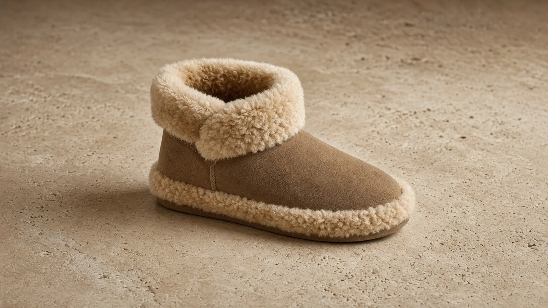 Sheepskin bootie on stone floor, fold-down cuff