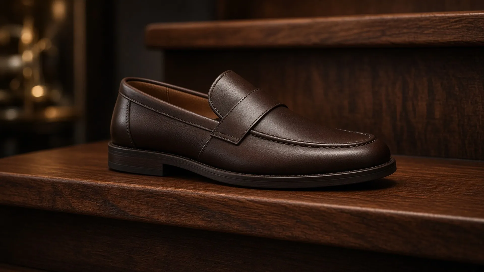 Leather loafer slipper on a stair tread, side view