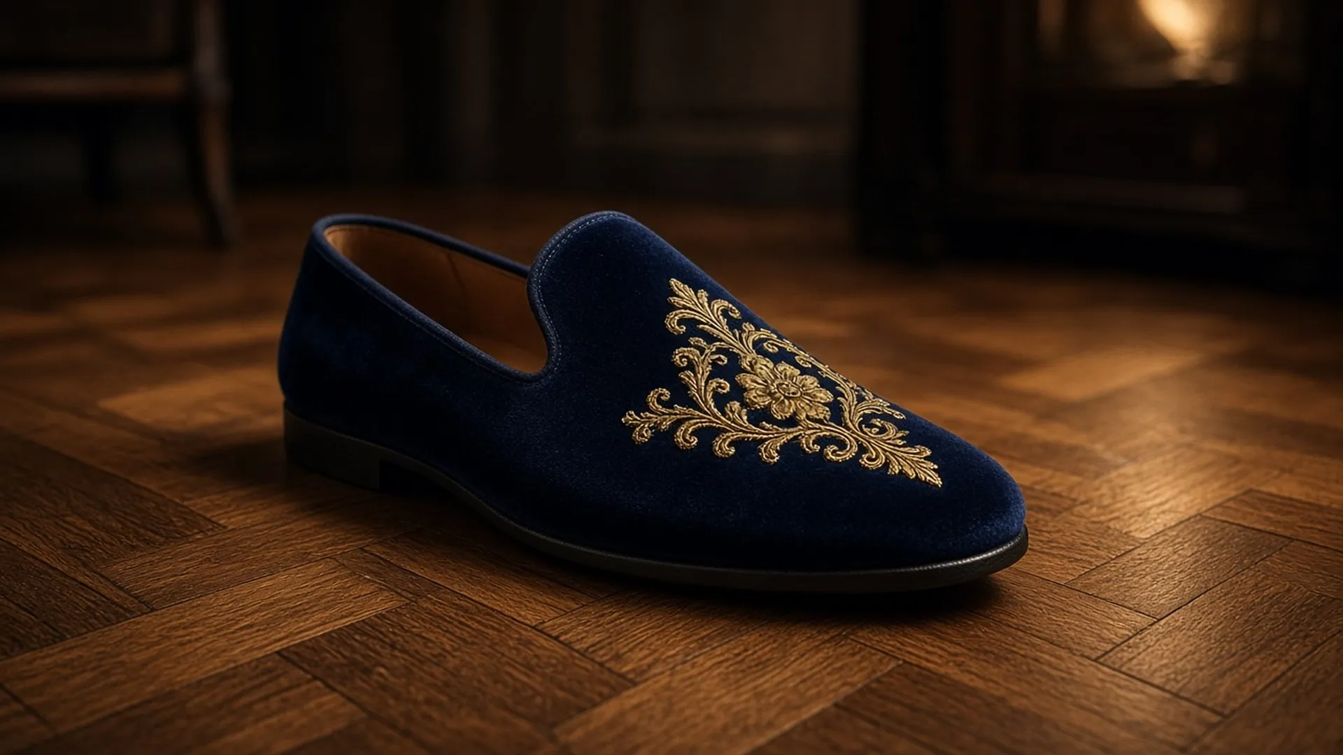 Navy velvet slipper with embroidered toe on a parquet floor