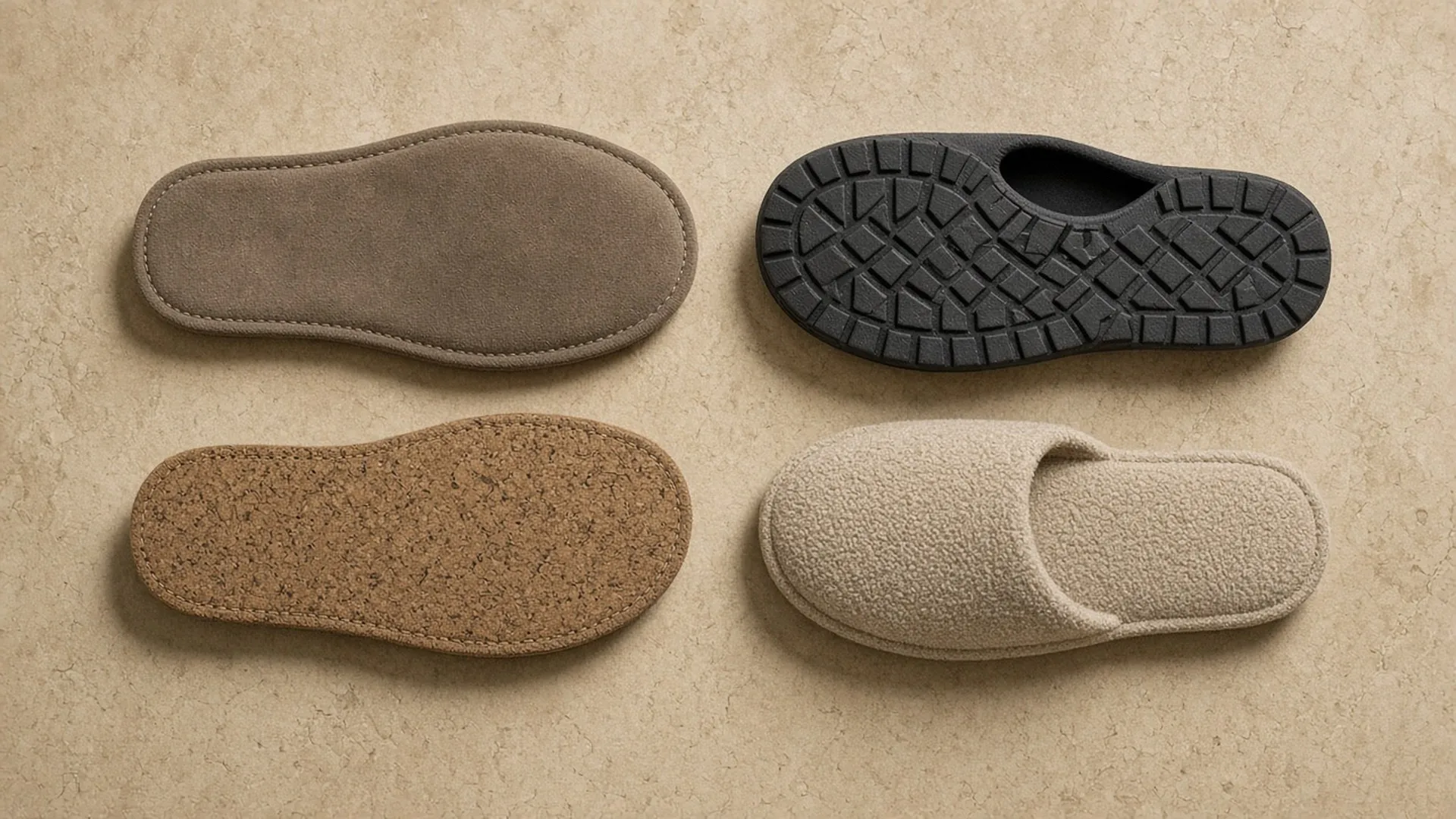 Four slipper soles flipped over, flat lay