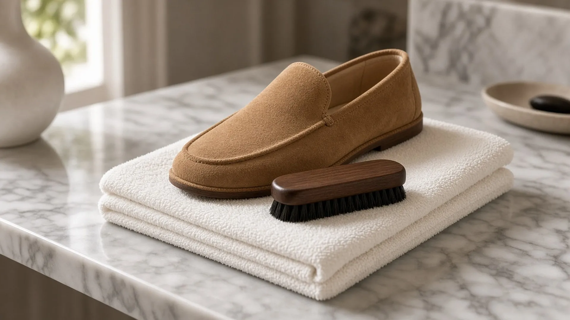 Suede brush and slipper on a towel