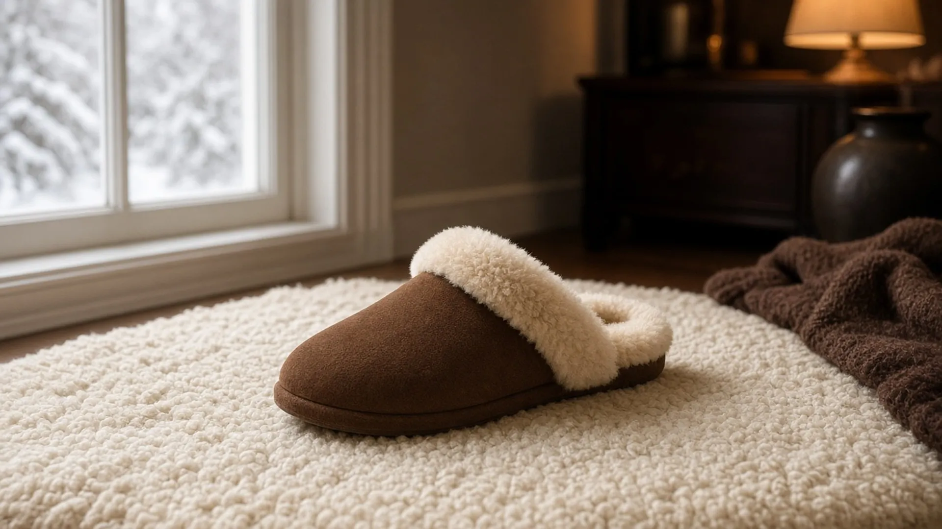 Split: sheepskin by a window with snow / linen slide by sunlit terrace door
