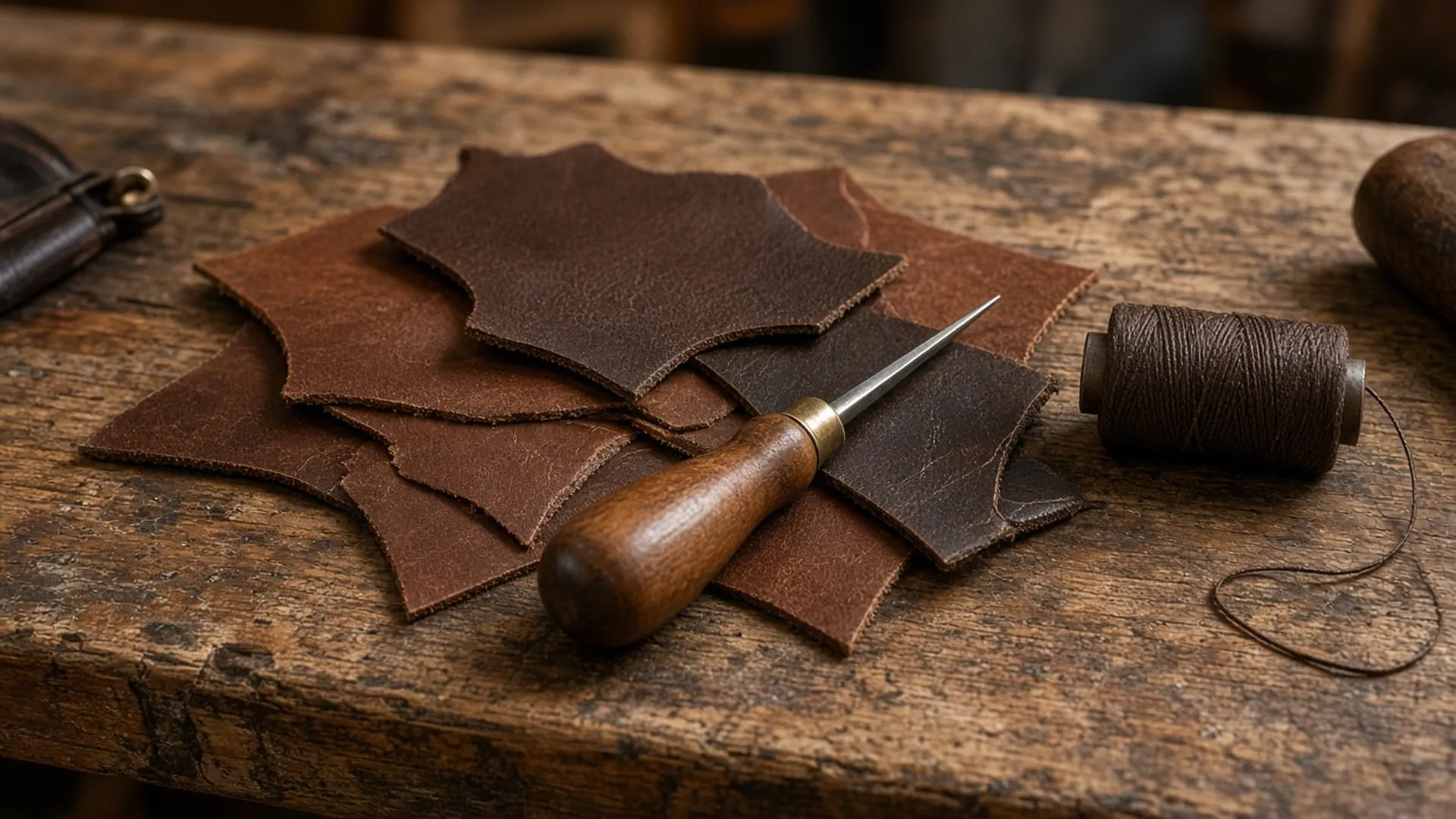 Leather offcuts, awl, and thread on a workbench