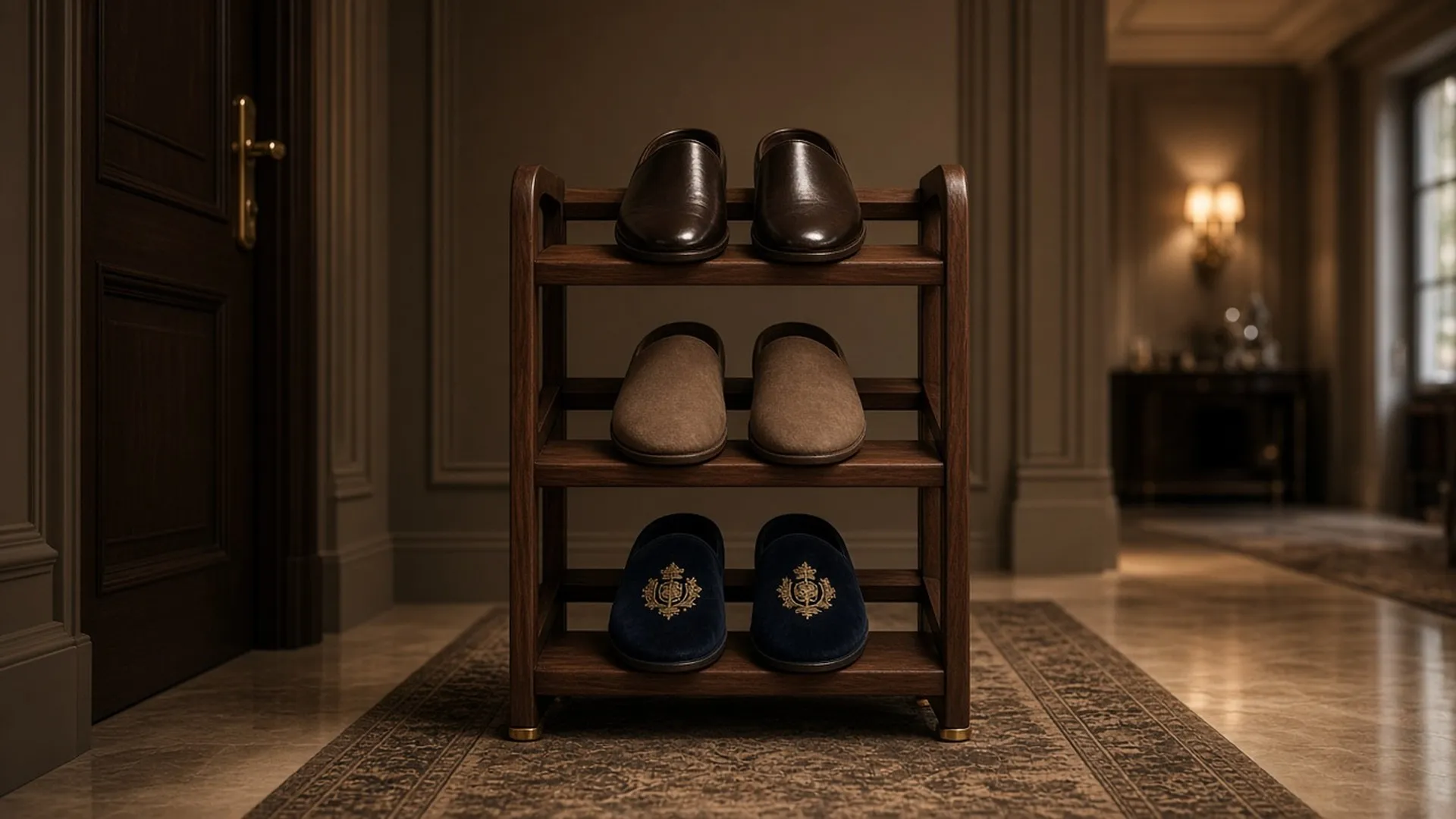 Slipper rack in hallway