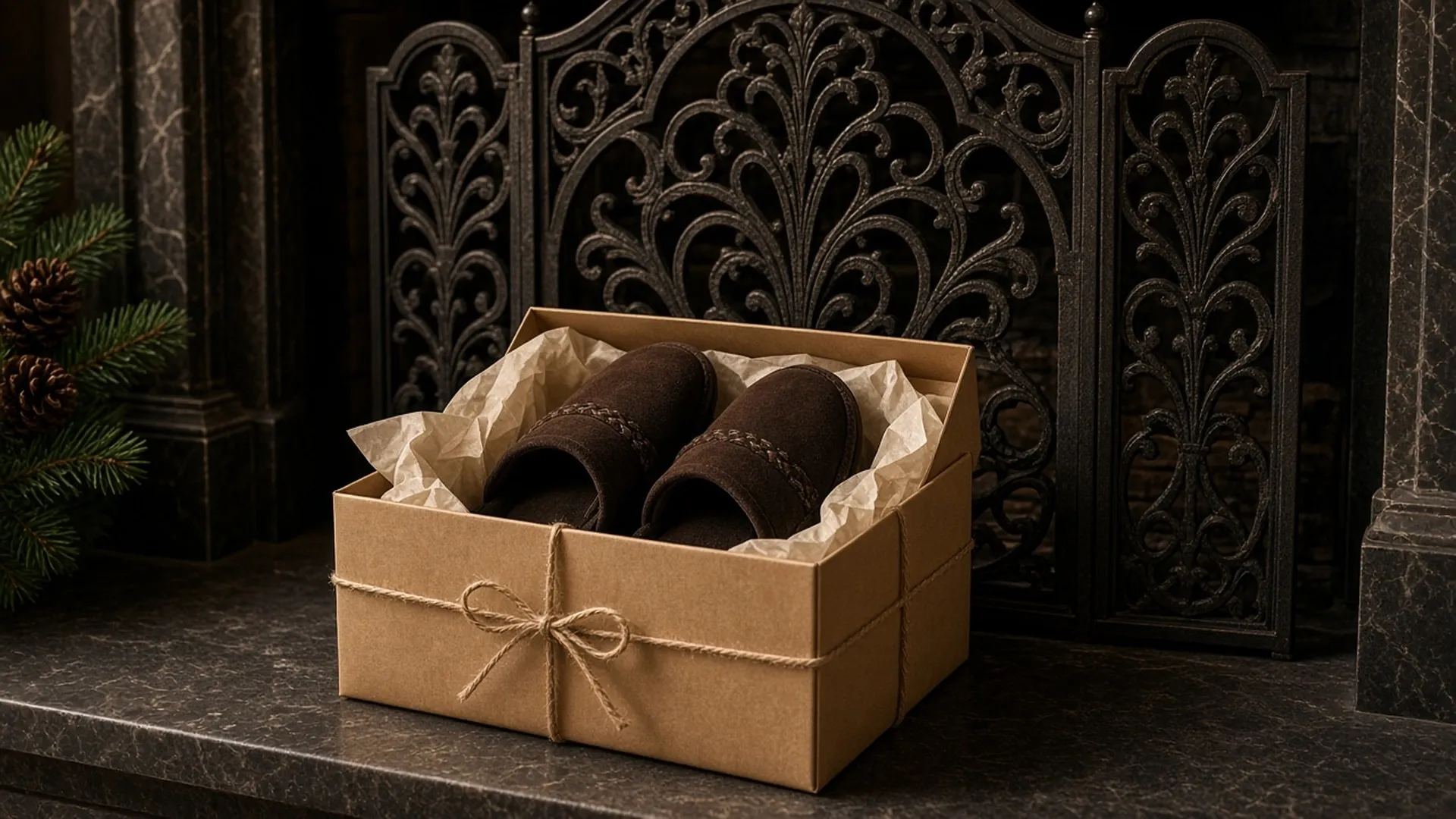 Wrapped gift by fireplace screen (no open flame)